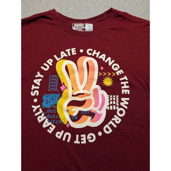 Dutch Bros Coffee Men Shirt XL Red Peace Sign Stay Up late Change the World - Picture 2 of 7